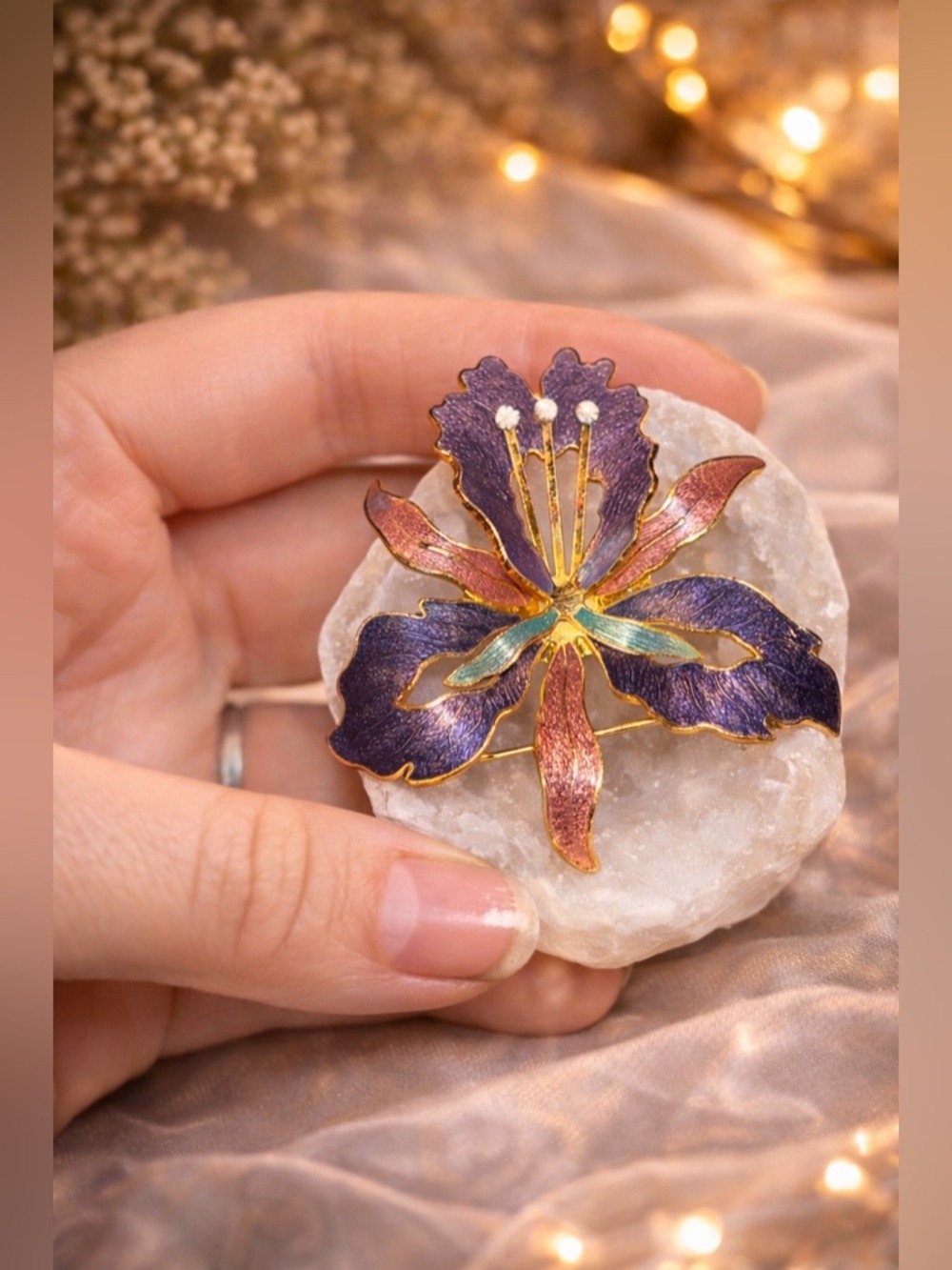 Vintage Enamel Floral Iris Brooch Gold Tone Iris Flower Pin • Cloisonné Inspired